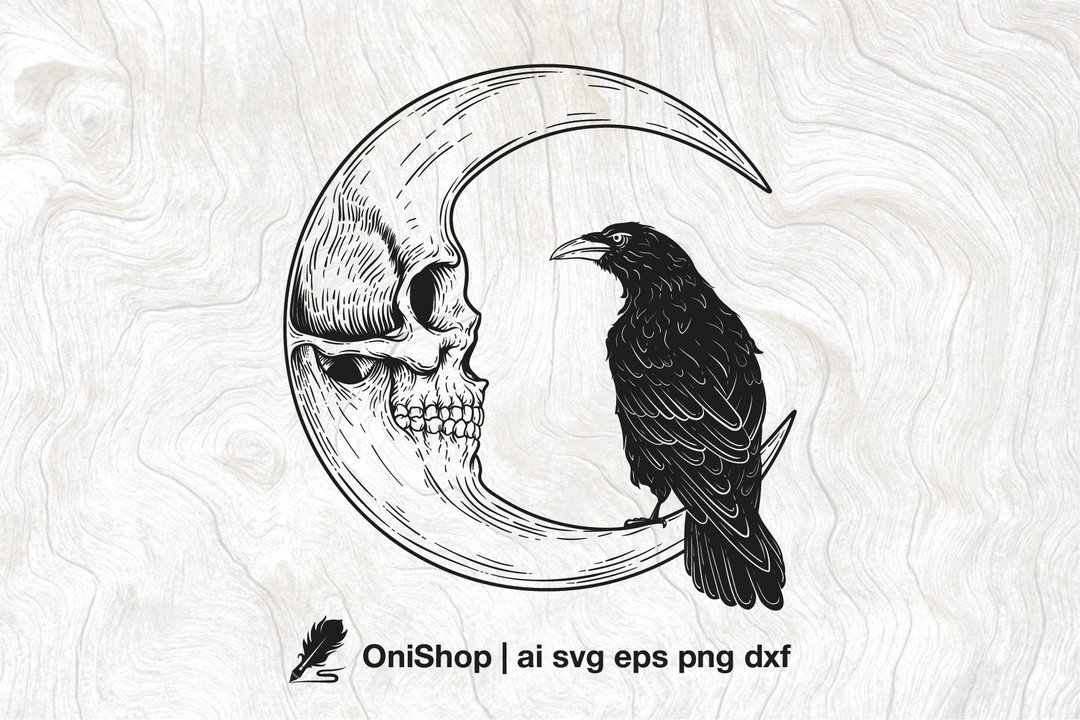 Moon with Crow SVG, Wall decor, Gotic Bird, Raven engraving clipart - 图文模板设计 - 其他材质 