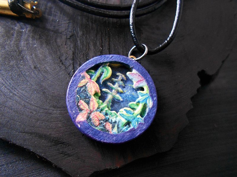 奇幻森林 - 树苗 手工制作 多层立体木工雕刻 吊坠 颈链 - 项链 - 木头 紫色