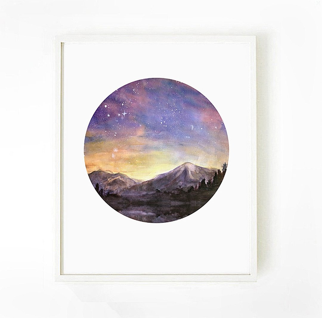 北欧风居家海报-夜晚星空-水彩画-海报-卧室装饰画-民宿-风景 - 海报/装饰画/版画 - 纸 