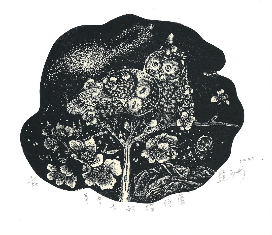 原作版画 - 星空下的猫头鹰 - 赵予彤 - 海报/装饰画/版画 - 纸 黑色