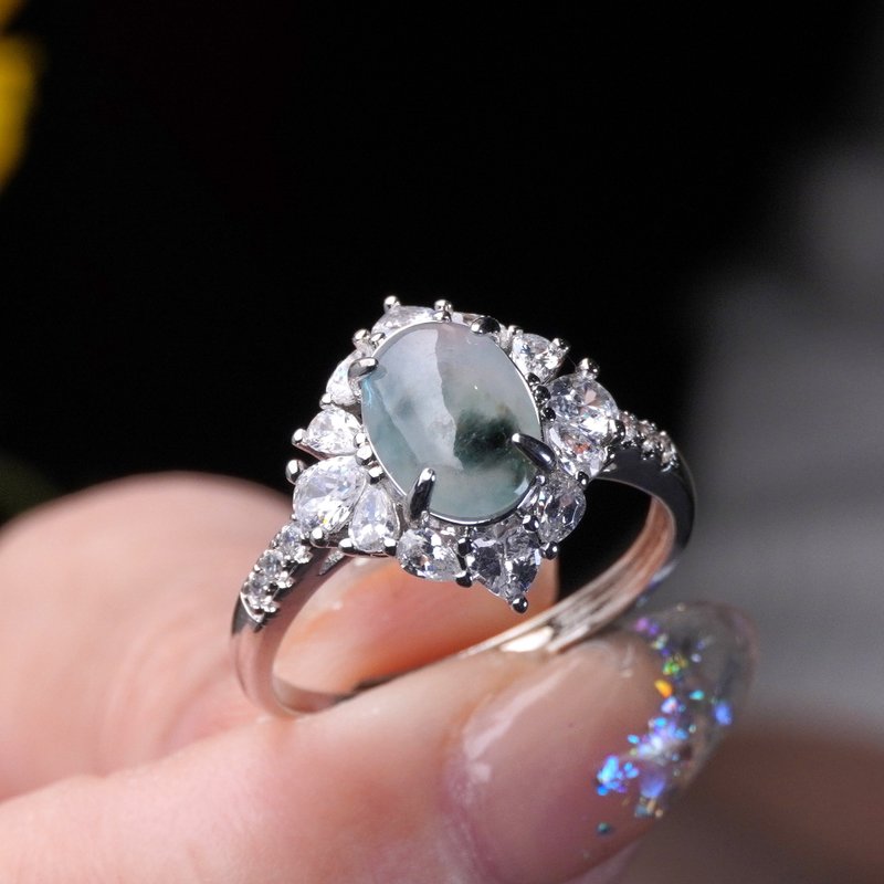 冰种飘花翡翠蛋面戒指 925纯银 | 天然缅甸玉翡翠A货 | 送礼 - 戒指 - 玉石 透明