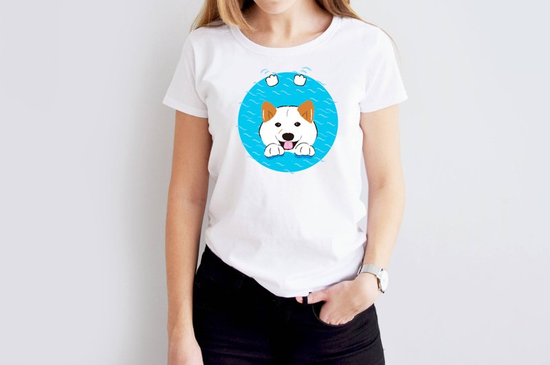 小饭团  白柴店长游泳 白色中性短T - 男装上衣/T 恤 - 棉．麻 白色