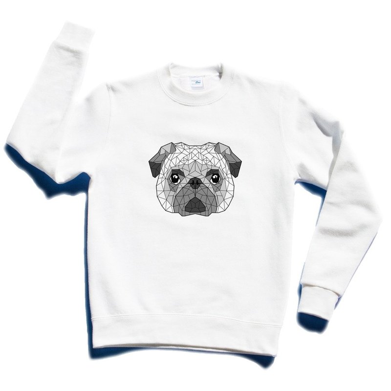 Geometric Pug 男女 大学T 中性版 刷毛 白色 几何 巴哥 巴狗 - 女装上衣 - 棉．麻 白色