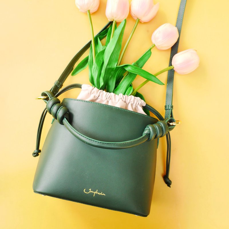 真皮包Fuji Bucket Bag  / 绿色包 Broccoli Green 绿色 斜 - 束口袋双肩包 - 真皮 绿色