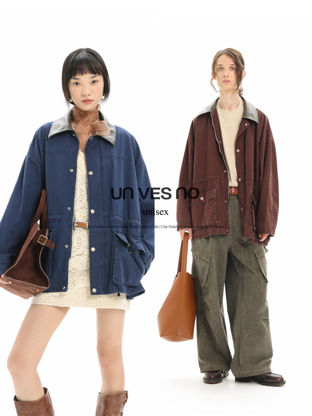 【复古做旧】Unvesno(UN) Vintage重磅檫色皮领防风宽松夹克外套 - 男装外套 - 棉 