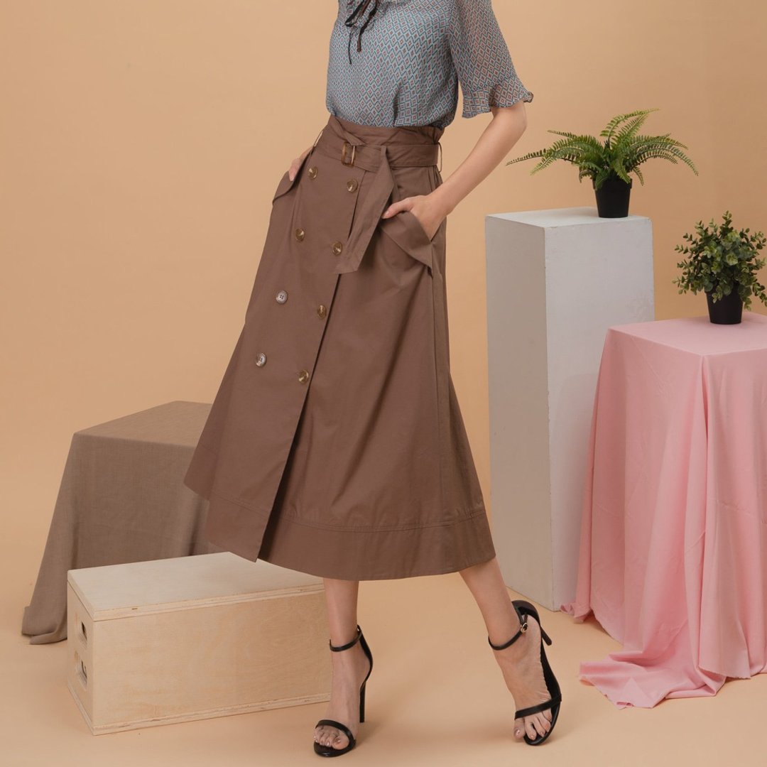 【MEDUSA】纯棉双排扣风衣感翻折中长裙 - 棕 (M-XL) | 女装 裙子 - 裙子 - 棉．麻 咖啡色