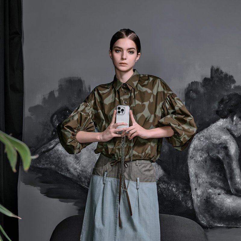 繁花大泡袖抽带衬衫 - 女装衬衫 - 棉．麻 多色