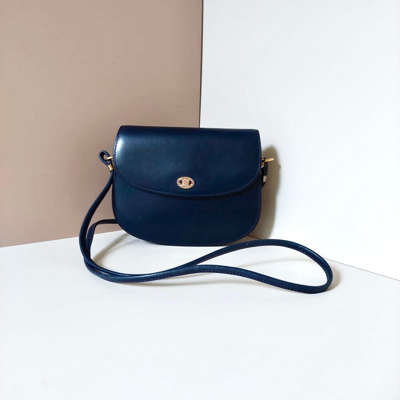 绝版古董包Celine凯旋门金扣蓝黑色Bobby侧背孭斜小包单肩手袋 - 侧背包/斜挎包 - 真皮 蓝色