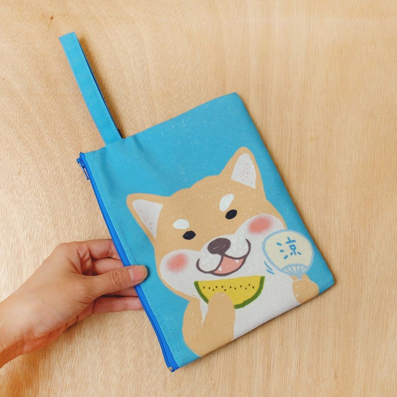 凉爽的柴柴,有狗手拿包 - 手拿包 - 棉．麻 蓝色