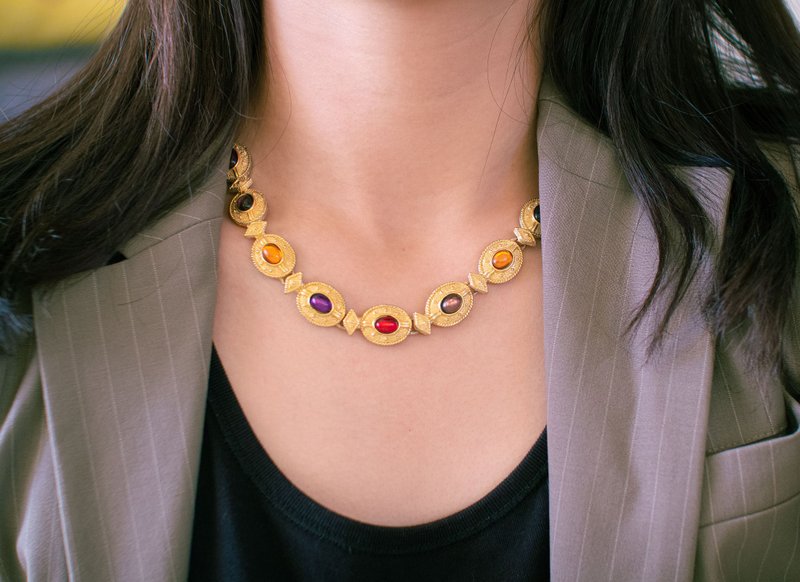 韩国标记古董 拜占庭风格 彩色宝石镀金颈链 短项链 锁骨链 - 项链 - 其他金属 多色