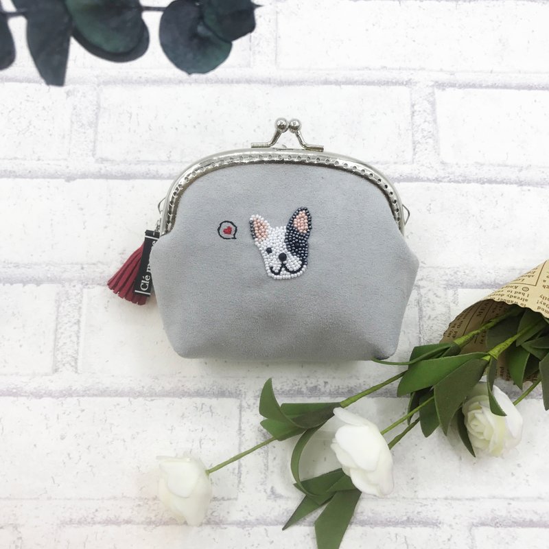 法斗缝珠手工限量拱型口金包（此款含链子） - 零钱包 - 聚酯纤维 灰色