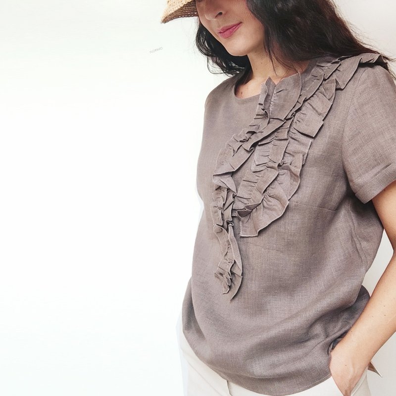 荷叶边亚麻上衣/女士夏季上衣/米色+其他颜色上衣 XS-XXL 尺寸 - 女装 T 恤 - 棉．麻 咖啡色
