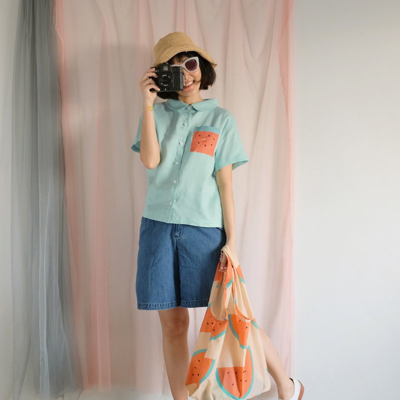 Watermelon Pocket - Peter Pan Collar Shirt - 女装衬衫 - 棉．麻 绿色