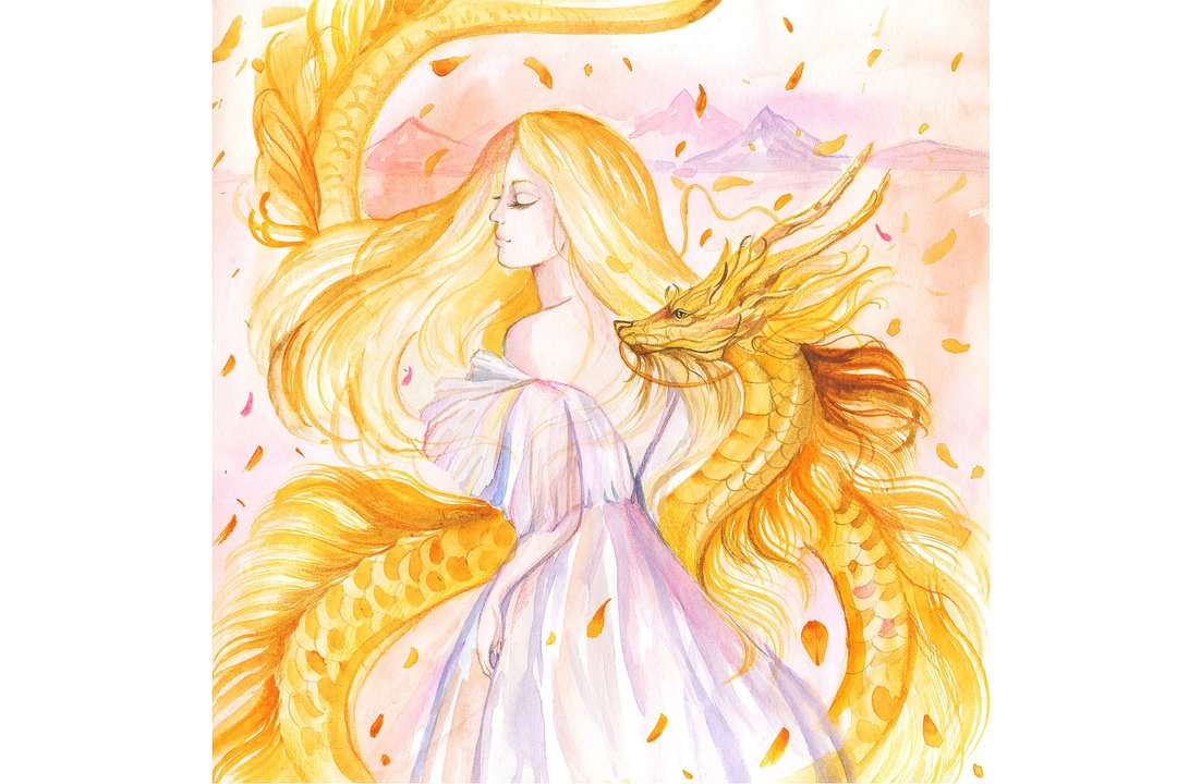 一个女人画一个金龙原创艺术女孩和龙水彩 - 墙贴/壁贴 - 纸 黄色
