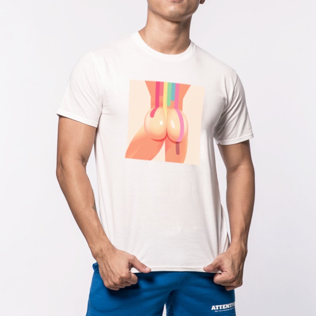 AttentionWear我的美尻系列T-shirt【彩虹翘臀-白色】│ATTENTION - 男装上衣/T 恤 - 棉 白色
