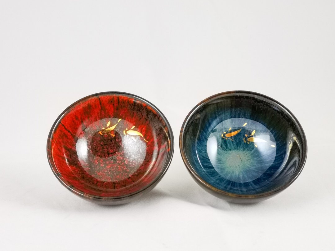 【大立窑】鎏金天长地久(鱼戏)天目对杯  (7.5 x 4公分款-2入/盒) - 茶具/茶杯 - 瓷 