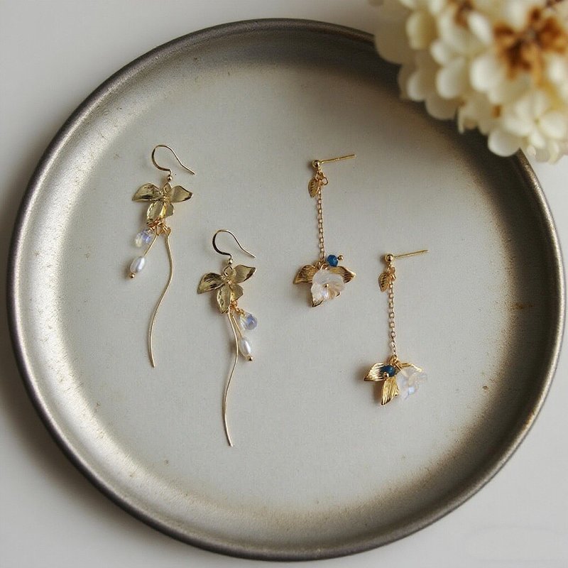 金华珠韵 | 18k注金日式优雅气质金叶琉璃垂坠长耳环 - 耳环/耳夹 - 贵金属 金色