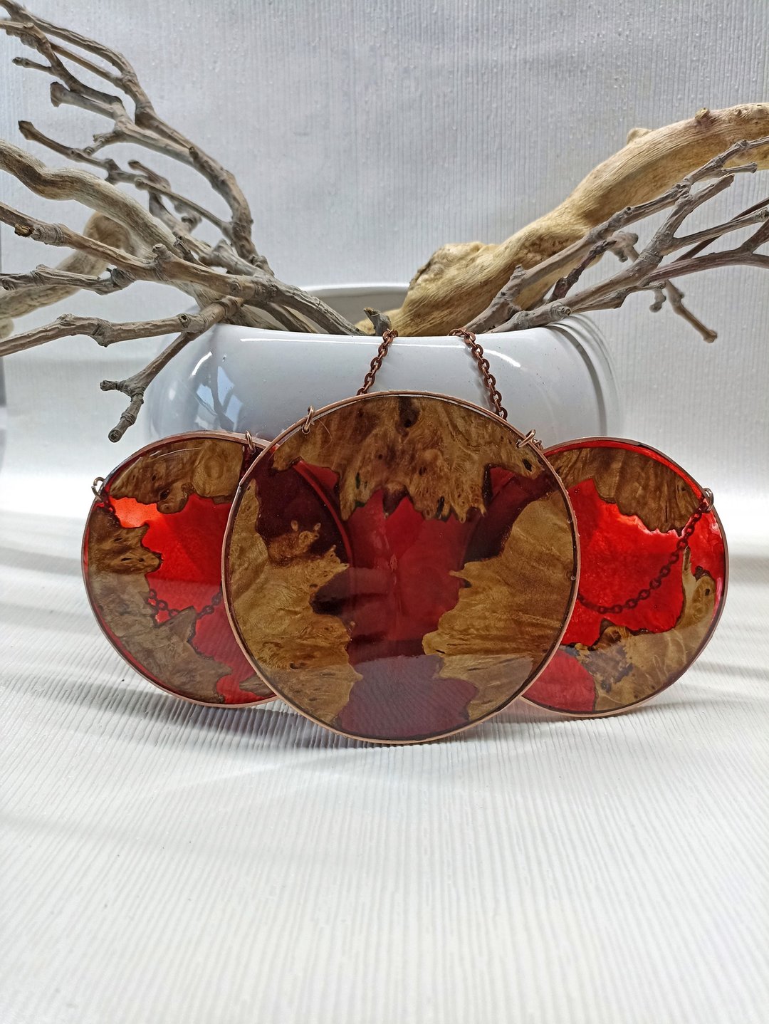 Birth of the Volcano wall hanging / Burl wood and resin wall decor set of 3 - 墙贴/壁贴 - 木头 红色