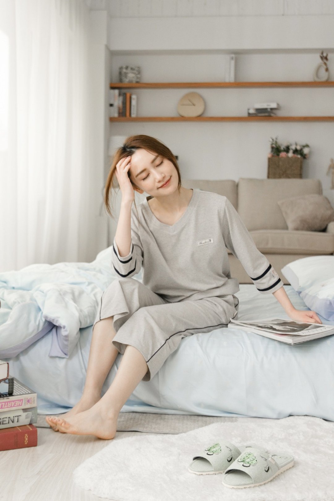 MIT有机棉刺绣七分袖居家服-麻花灰 - 居家服/睡衣 - 棉 灰色