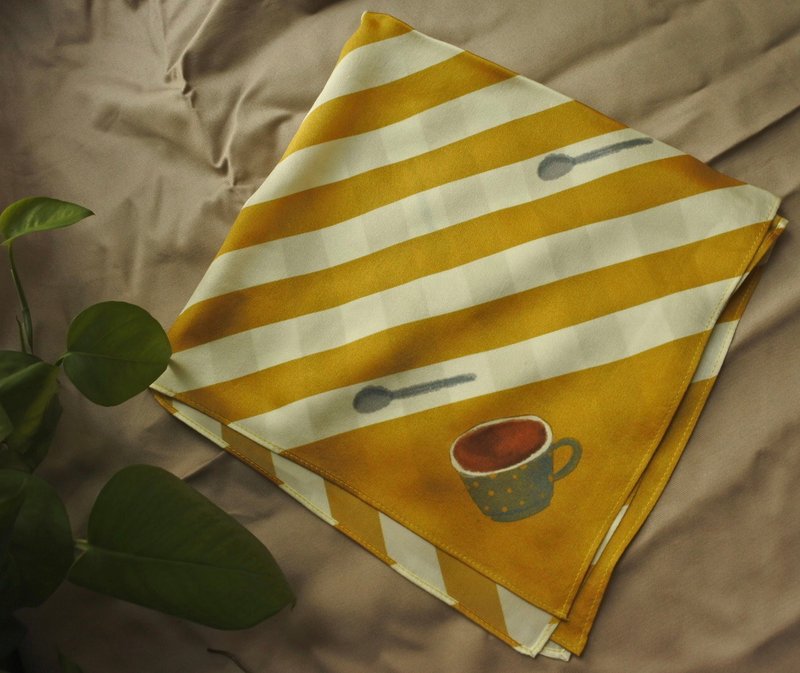 birdddland原創手繪薑黃色絲巾圍巾頭巾髮帶 奶茶點心 Swing 禮物 - 丝巾 - 丝．绢 黄色