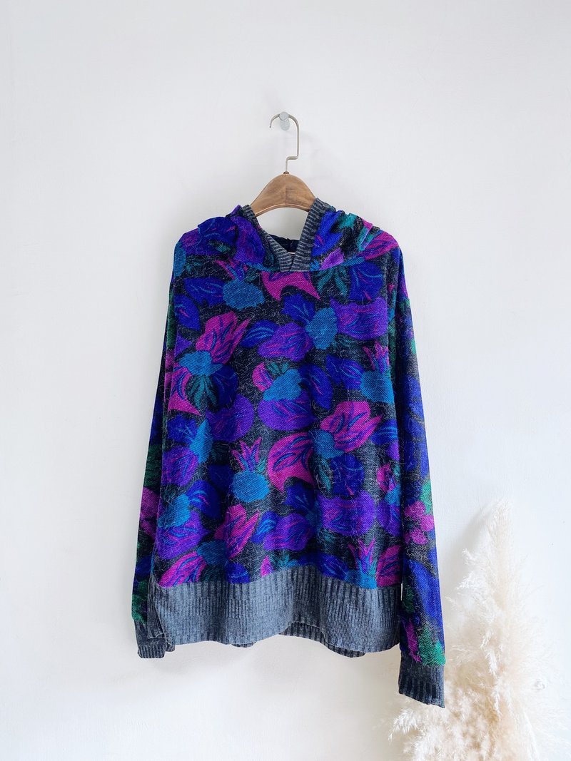 靛蓝X墨灰华丽宫廷缀花 古董古着薄料长袖连帽上衣 vintage - 女装上衣 - 聚酯纤维 蓝色