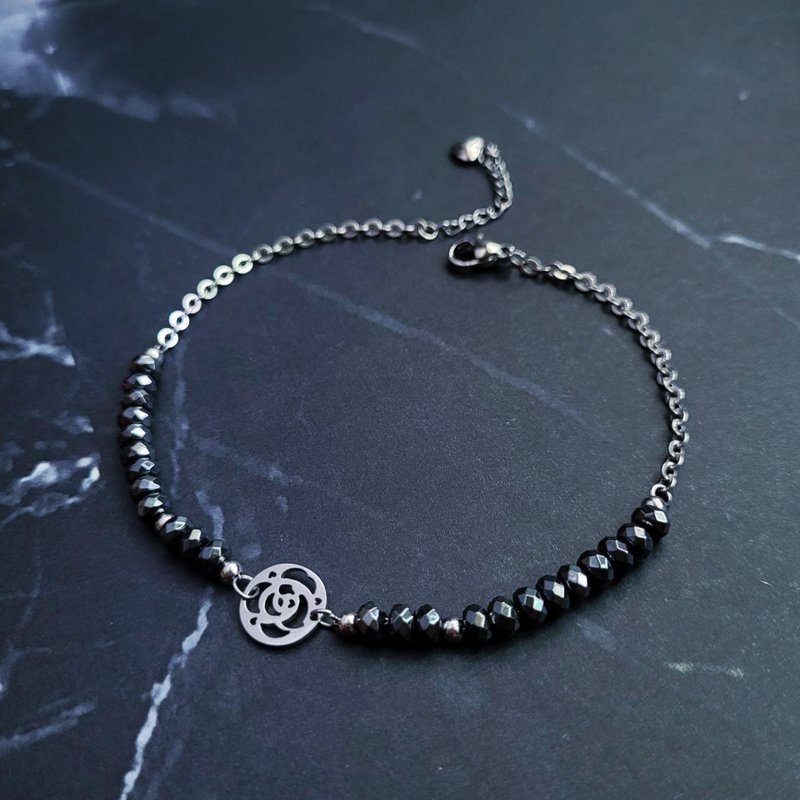 暗夜玫瑰。黑胆石(赤铁矿)白钢脚链 - 脚链/脚环 - 不锈钢 黑色