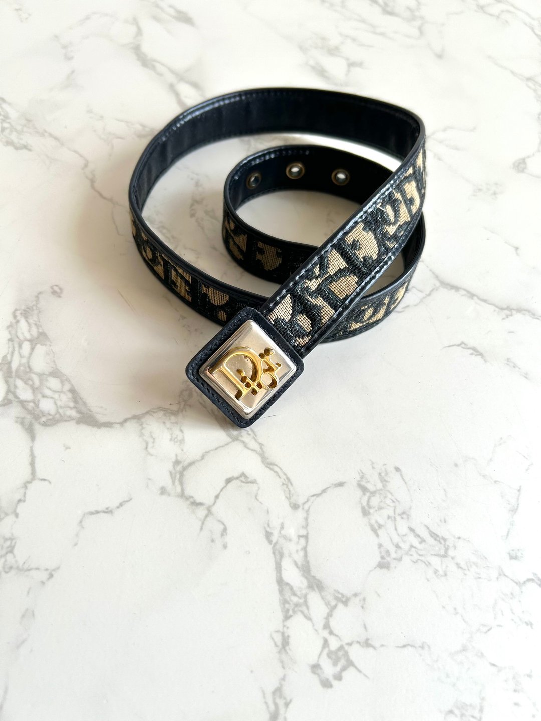绝版古董品 Dior深蓝色老花皮革帆布腰带 女装皮带 中古二手美品 - 皮带/腰带 - 真皮 蓝色