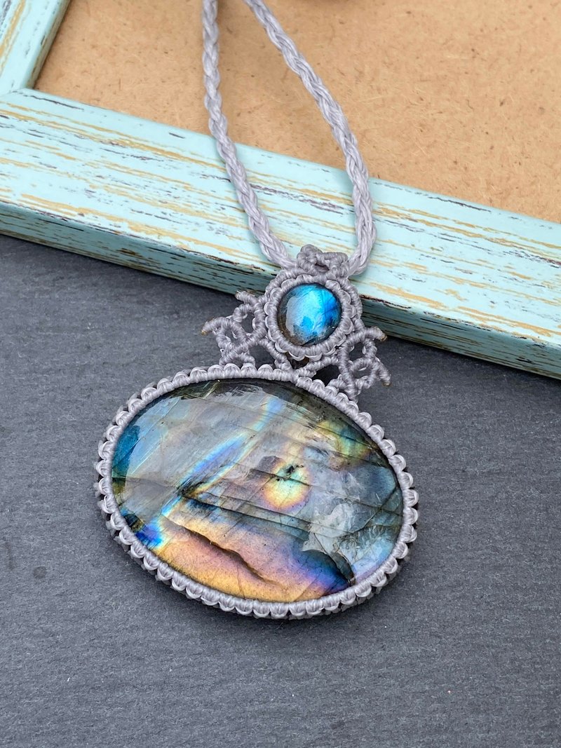 P139 民族风 南美蜡线 编织 拉长石 项链 长项链 (可调长度) - 项链 - 宝石 灰色