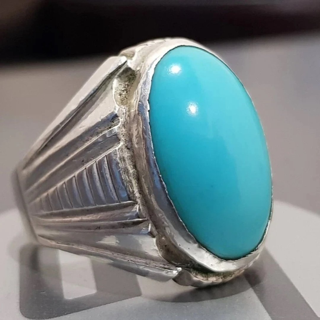 Men's Handmade Ring, Turquoise Men's Silver Ring, Oval Gemstone Ring, Modern Gift - 戒指 - 宝石 蓝色