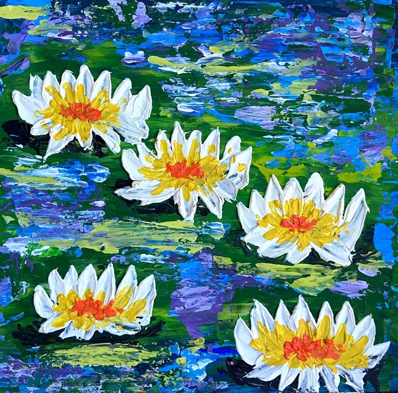 大丽花绘画花卉Impasto原创艺术花卉绘画丙烯酸小画8by8MyrikArt - 海报/装饰画/版画 - 其他材质 白色