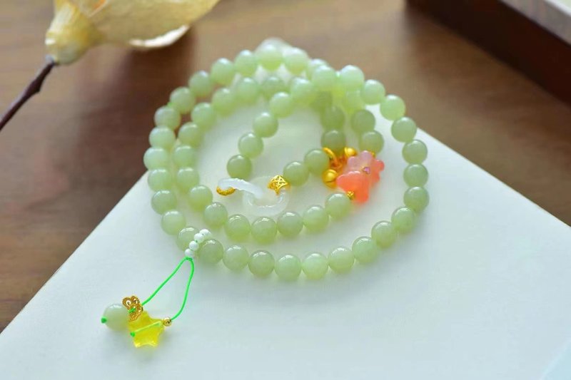 天然和田玉 /和阗玉-晴水玉连环 绯红玛瑙小奶熊 蜜蜡星星设计多 - 手链/手环 - 玉石 绿色