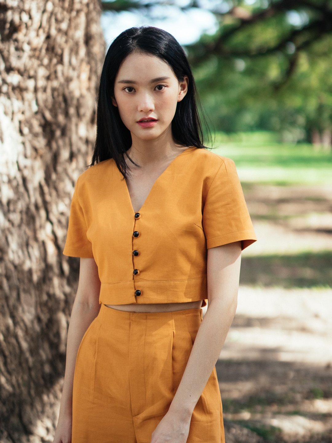 (SIZE S) MUSTARD YELLOW COTTON LINEN BUTTON FRONT CROP TOP - 女装上衣 - 棉 黄色