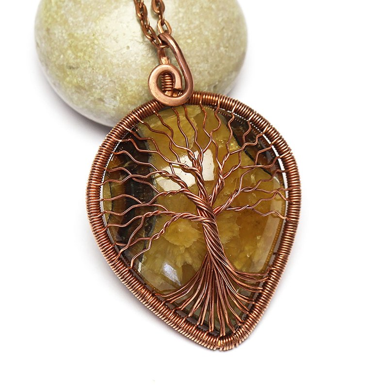 Simbircite Necklace Copper Wire Wrapped Stone Pendant Semiprecious Jewelry - 项链 - 半宝石 黄色