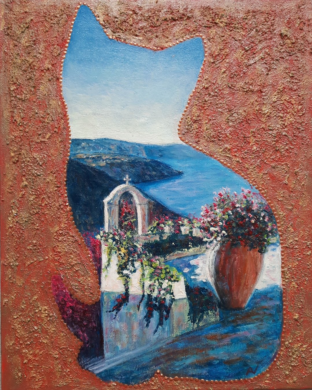 猫型混合媒材艺术画，圣托里尼原创壁画，海景画 - 墙贴/壁贴 - 环保材料 多色