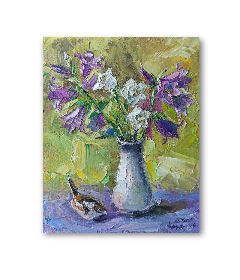Bluebells Painting Palette Knife Painting Bouquet Painting Wildflowers Wall Art - 海报/装饰画/版画 - 其他材质 黄色