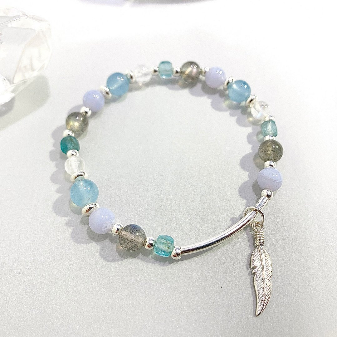 Ops bracelet-蓝纹玛瑙/海水蓝宝/月光石/磷灰石/纯银/拉长石 - 手链/手环 - 宝石 蓝色