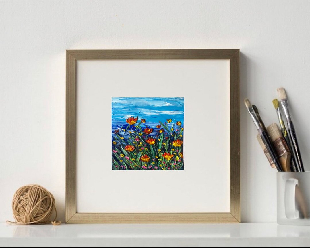 Poppy modern wall art small impasto Flowers  4x4 inches Original oil painting - 墙贴/壁贴 - 纸 红色