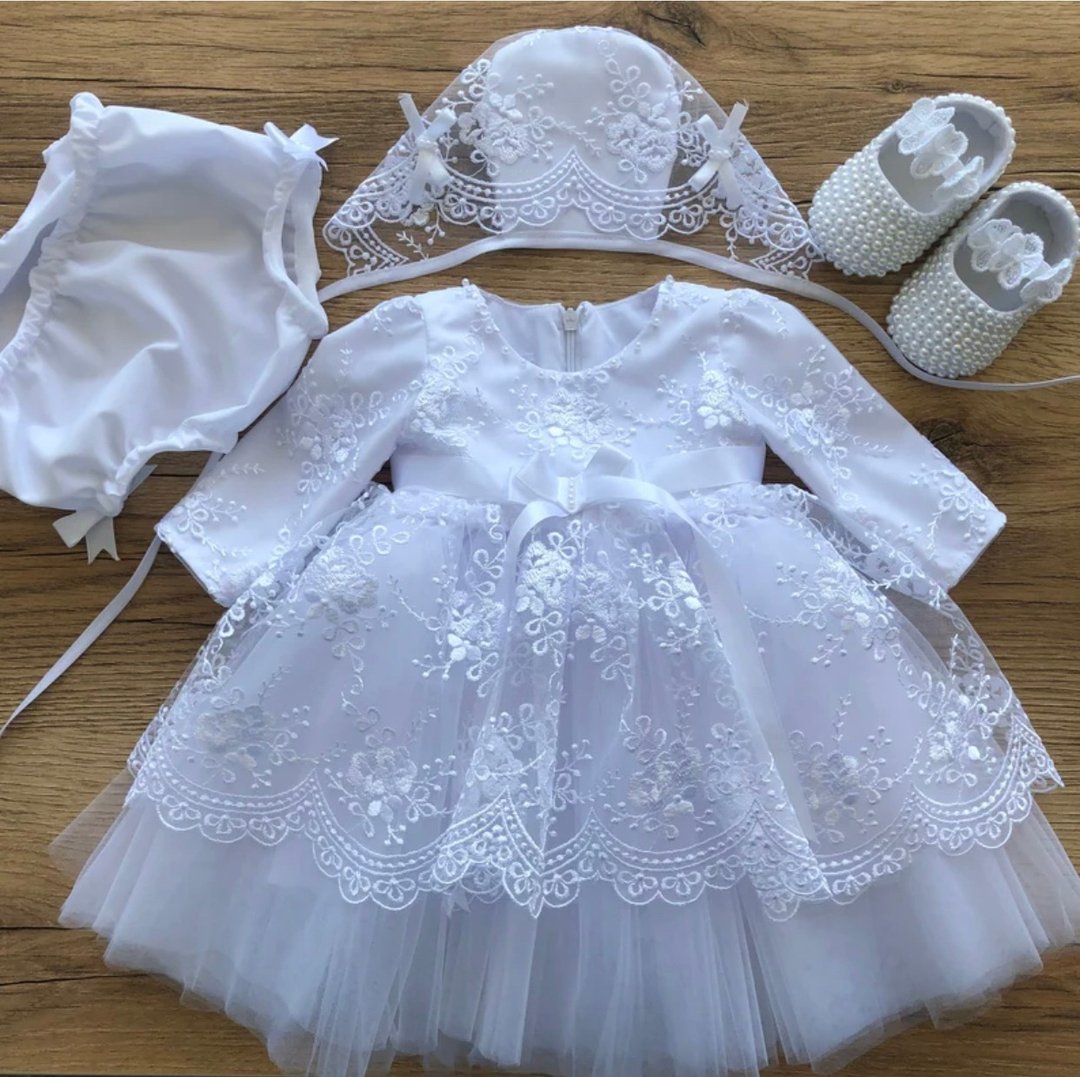 White outfit for baby girl: dress, bonnet, panties and shoes. Baptism outfit. - 童装礼服/连衣裙 - 其他材质 白色