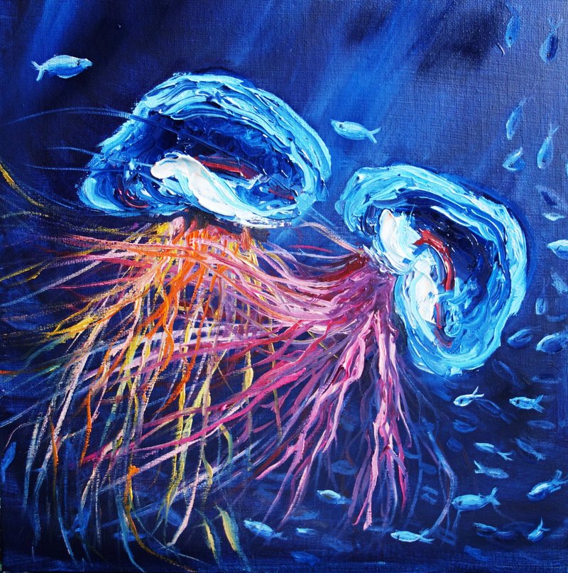 Jellyfish Oil Painting Original Art Sea Fish Artwork Seascape Canvas Art Impasto - 海报/装饰画/版画 - 颜料 多色