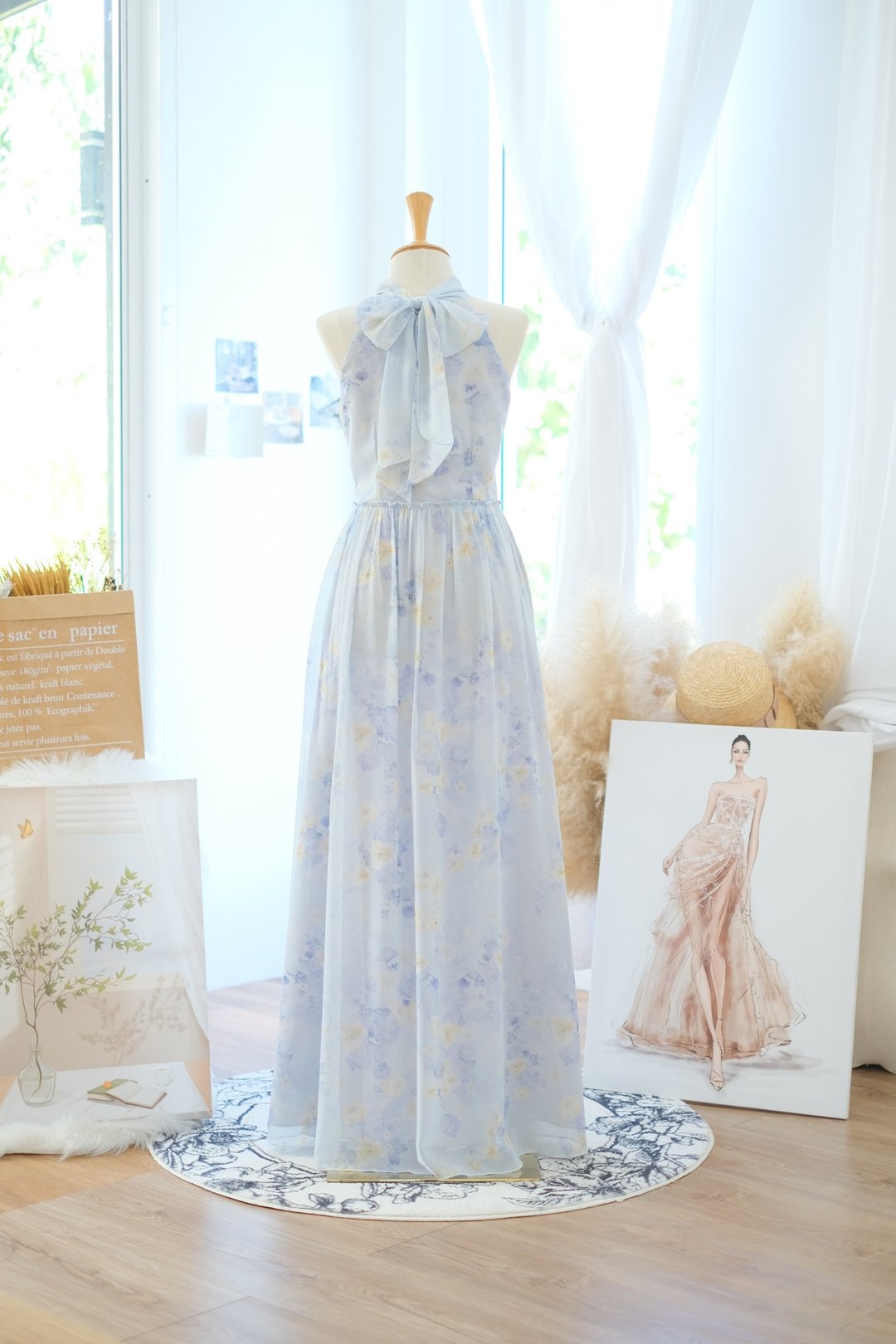 浅蓝色碎花无袖长洋装 伴娘服 礼服 旅游洋装 - 洋装/连衣裙 - 聚酯纤维 蓝色
