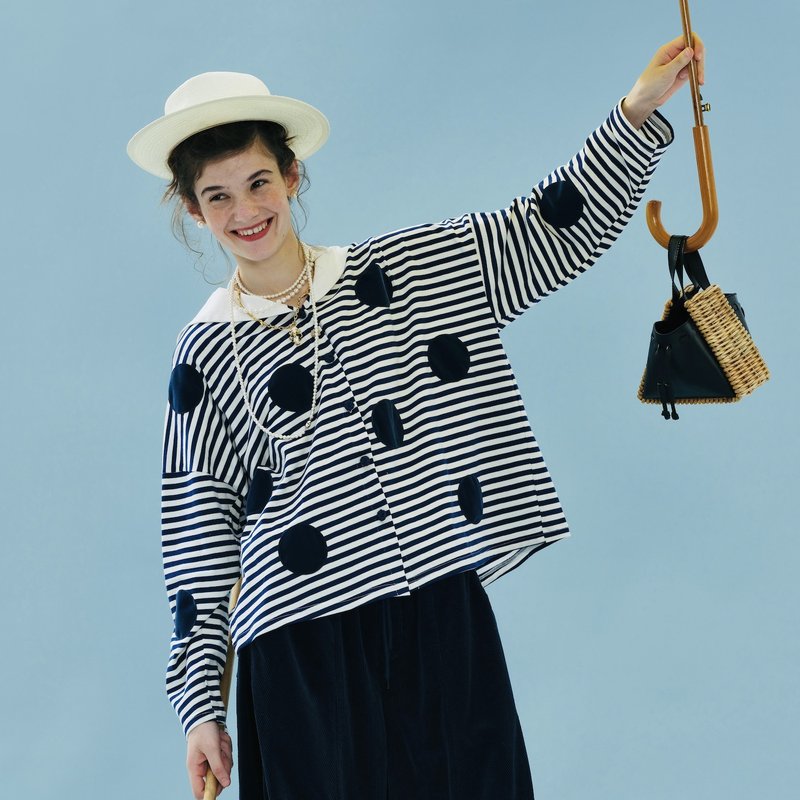 蓝色条纹海军领小外套 / 衬衫 长袖 - 女装衬衫 - 棉．麻 蓝色