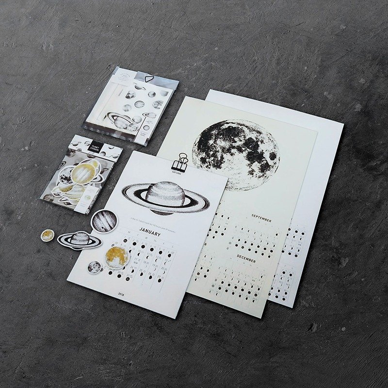 太阳月相历(A5版) + 和纸手剪贴纸 + 星球明信片 - 年历/台历 - 纸 黑色
