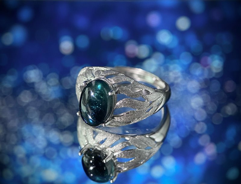 天然蓝碧玺 S925银戒指 可调节戒围 蓝绿碧玺 拉丝银叶 - 戒指 - 水晶 