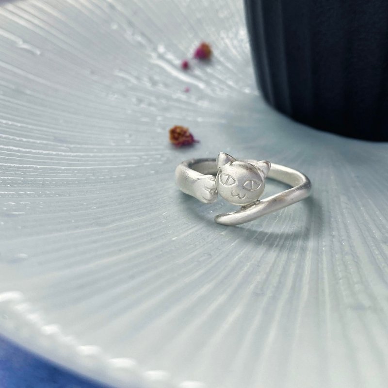 猫戒 - 编织纯银戒指  定制化礼物 喵 猫咪 - 戒指 - 纯银 银色