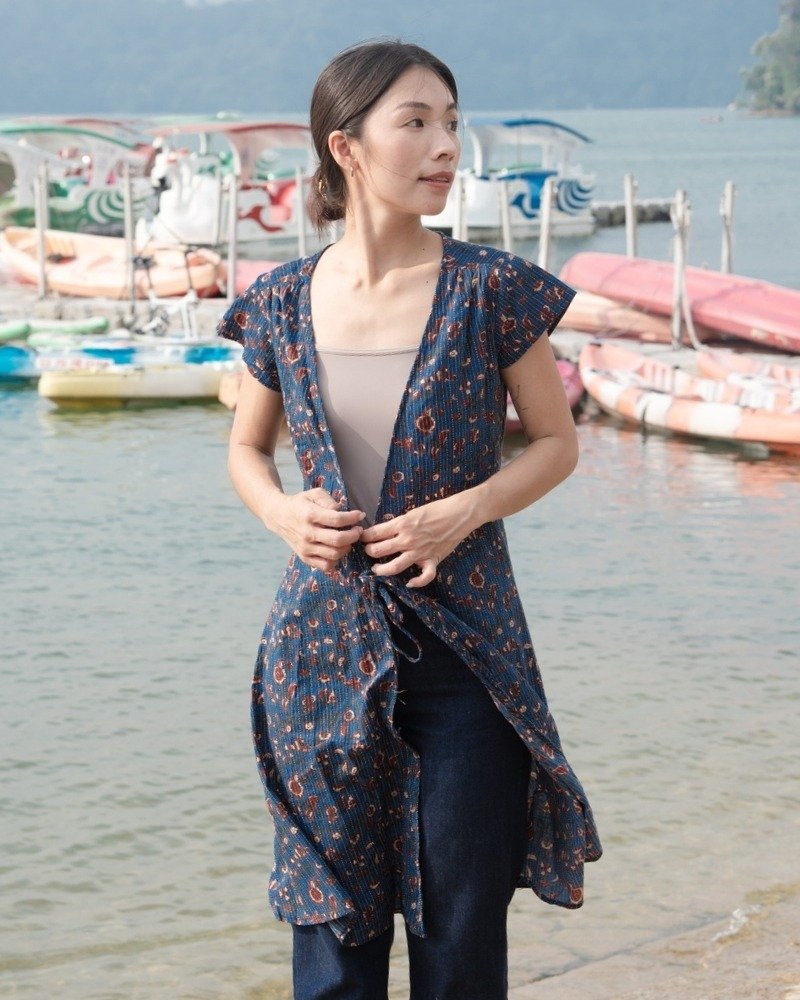 印度盖染工艺纯棉一片裙 短袖罩衫 － 藤蔓海蓝 - 洋装/连衣裙 - 棉．麻 蓝色