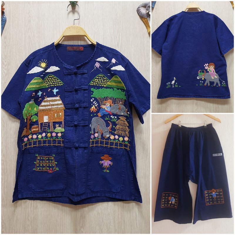 可爱的手工刺绣套装-棉-上衣和裤子 - 稻田、乡村乡村生活 - 女装上衣 - 绣线 蓝色