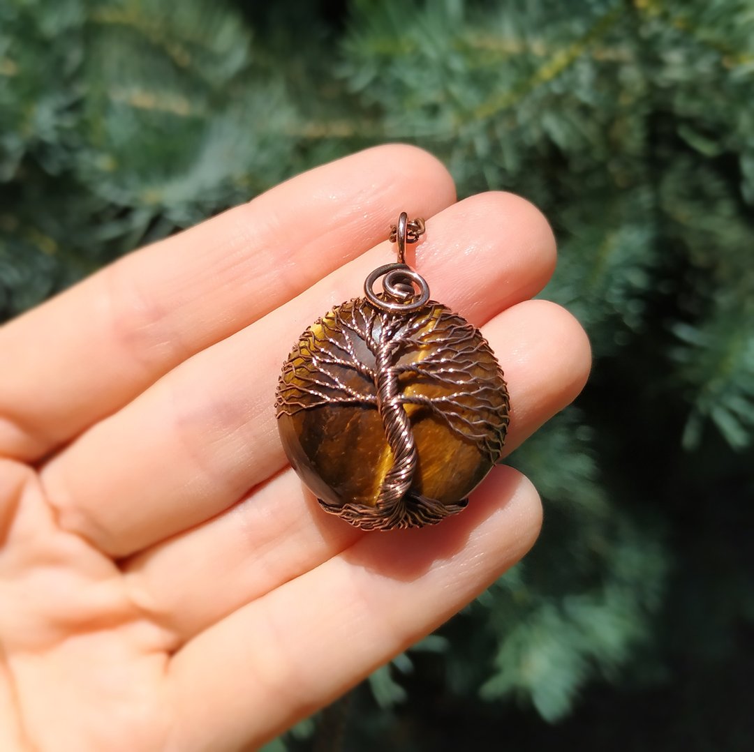 Gold Tigers Eye Tree Of Life Mens Necklace, Wire Wrap Coin Necklaces - 项链 - 其他金属 金色