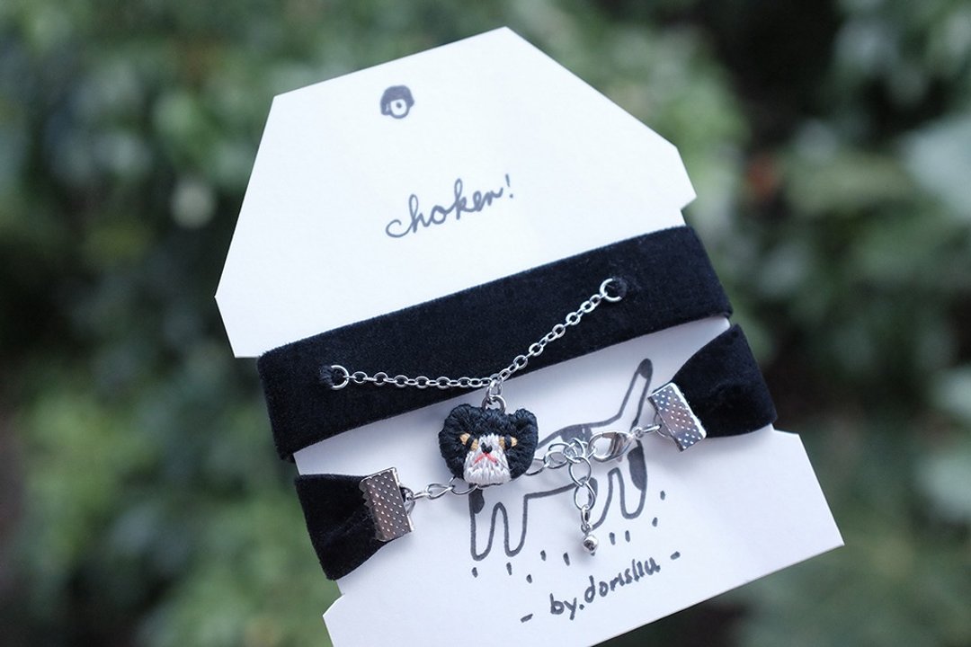 黑白猫咪 choker 短颈链 - 颈链 - 绣线 黑色