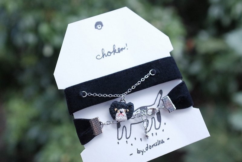 黑白猫咪 choker 短颈链 - 颈链 - 绣线 黑色