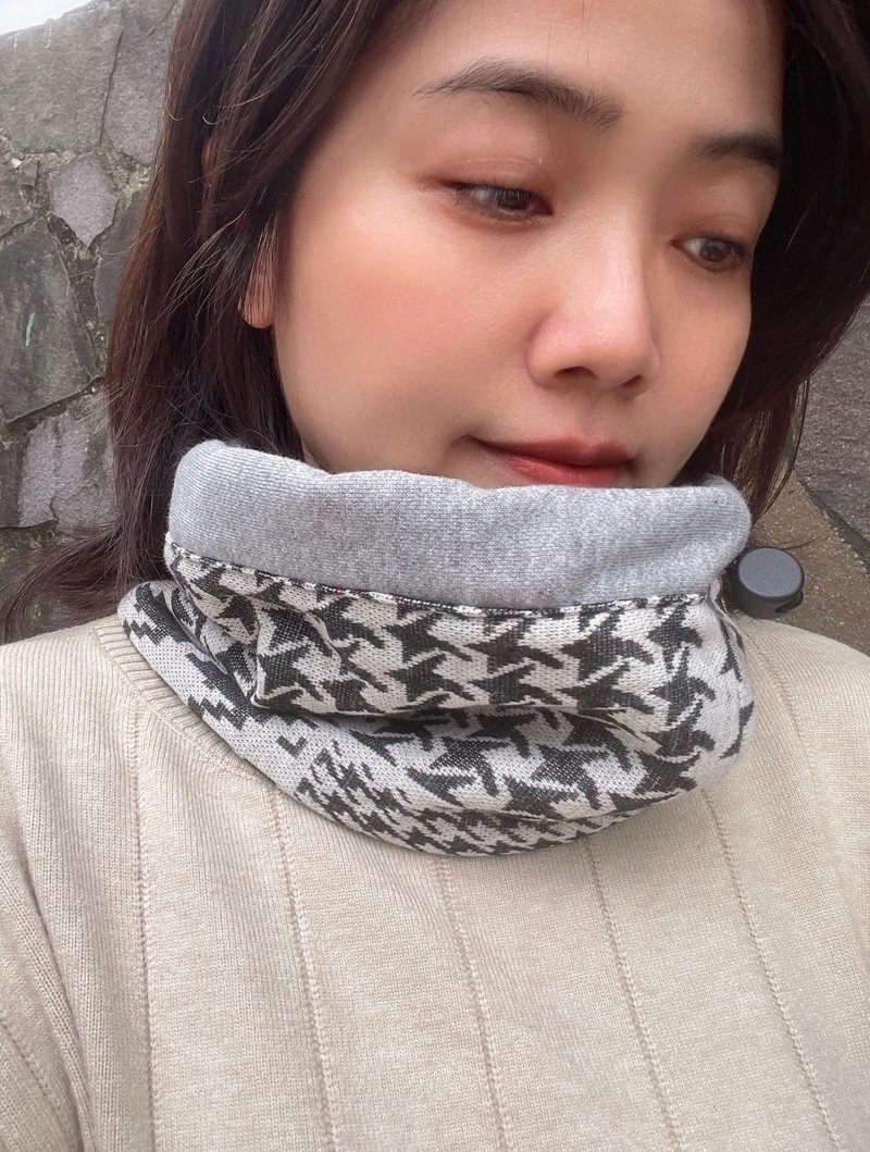 千鸟格  抽绳羊毛小围脖 围巾 - 围巾/披肩 - 棉．麻 灰色